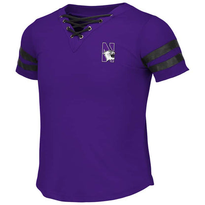 Northwestern University Wildcats Colosseum Girls Purple/Black Wels Lace Up T-Shirt with N-Cat Design