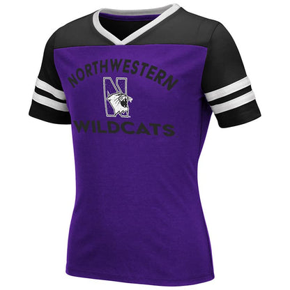 Northwestern University Wildcats Colosseum Girls Faboo Rhinestone V-Neck S/S Tee with N-Cat Design