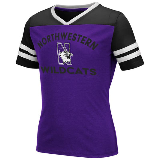 Northwestern University Wildcats Colosseum Girls Faboo Rhinestone V-Neck S/S Tee with N-Cat Design