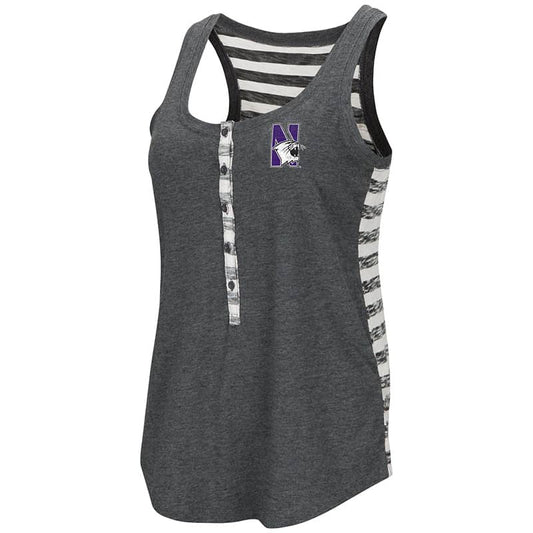 Northwestern University Wildcats Colosseum Ladies Heather Black Central Perk Henley Tank with N-Cat Design