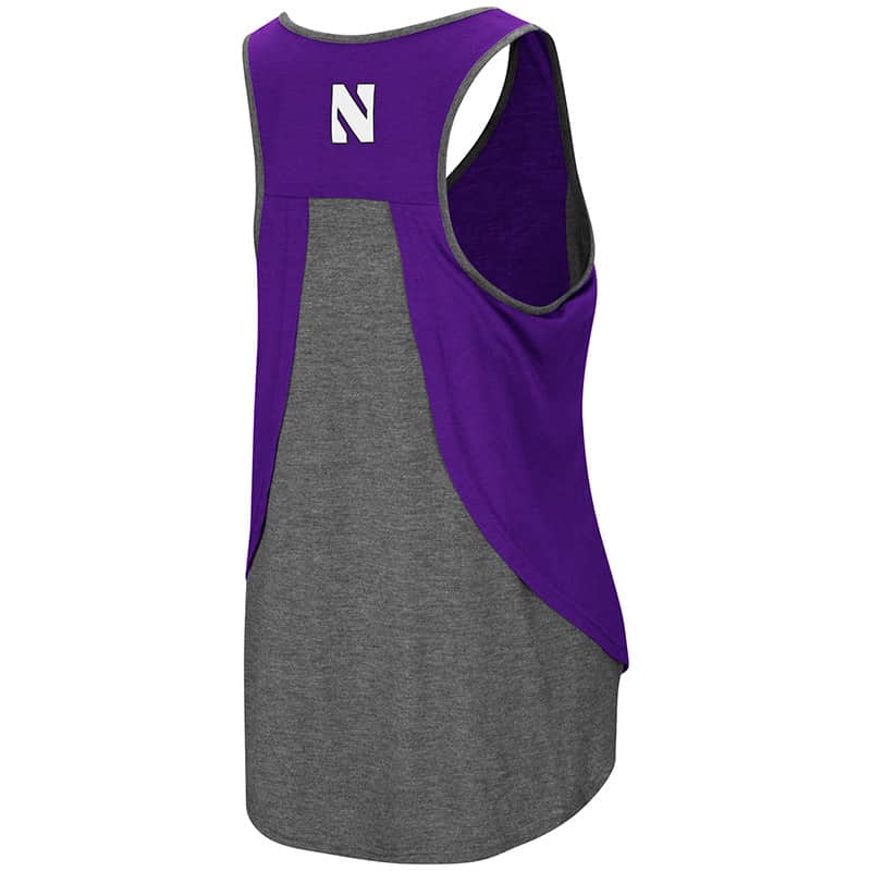 Northwestern University Wildcats Colosseum Ladies Purple/Heather Charcoal All The Way Tulip Back Tank with Straight Northwestern Design-Back