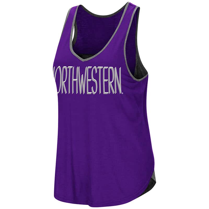 Northwestern University Wildcats Colosseum Ladies Purple/Heather Charcoal All The Way Tulip Back Tank with Straight Northwestern Design