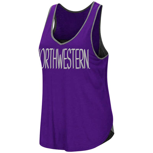 Northwestern University Wildcats Colosseum Ladies Purple/Heather Charcoal All The Way Tulip Back Tank with Straight Northwestern Design