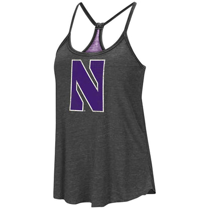 Northwestern University Wildcats Colosseum Ladies Heather Black/Purple Clearly Inside Reversible Tank with Stylized N Design