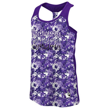 Northwestern University Wildcats Colosseum Youth Girls Purple Flower Pattern/Purple Geller Cup Tank with N-Cat Design