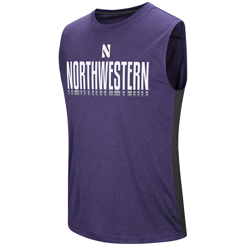 Northwestern University Wildcats Colosseum Men's Purple Hanging Curveball Sleeveless T-Shirt with Stylized N Design