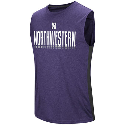 Northwestern University Wildcats Colosseum Men's Purple Hanging Curveball Sleeveless T-Shirt with Stylized N Design