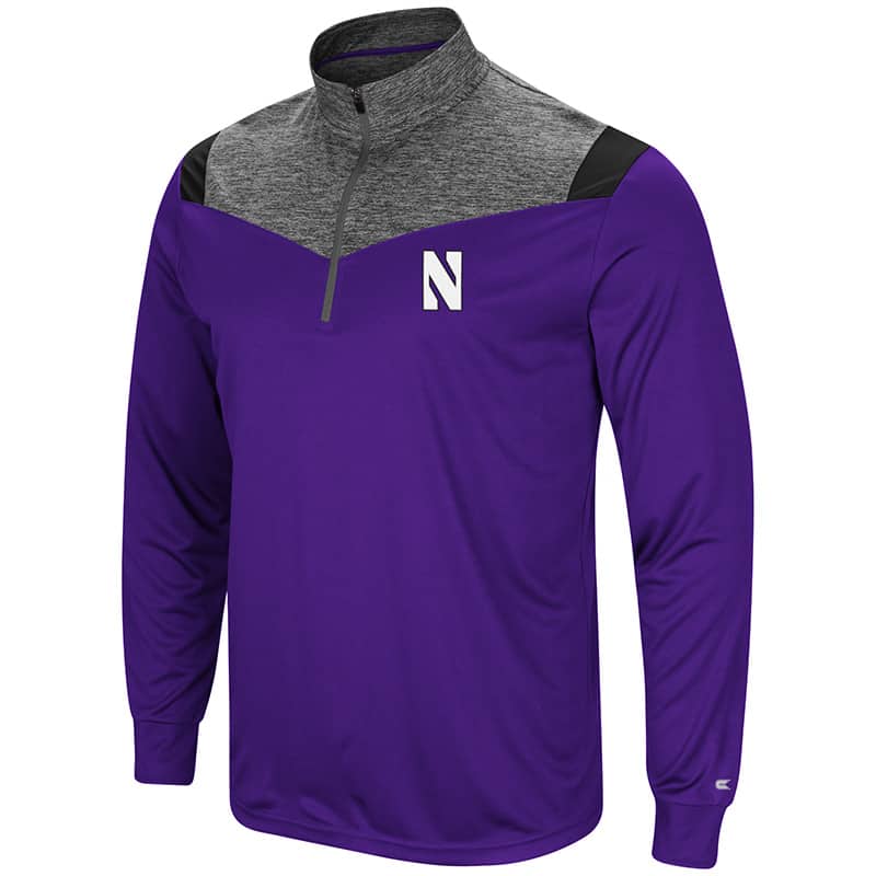 Northwestern University Wildcats Colosseum Mens Purple/Heather Charcoal/Black Championship Trophy 1/4 Zip Windshirt with Stylized N Design