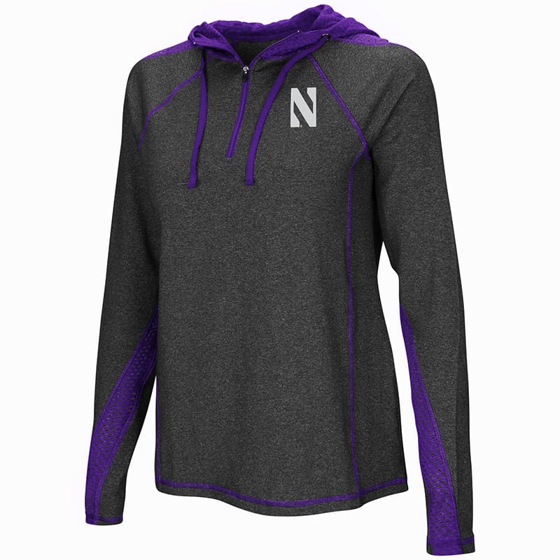 Northwestern University Wildcats Colosseum Ladies Heather Charcoal/Purple Evelyn 1/4 Zip Hoodie with Stylized N Design