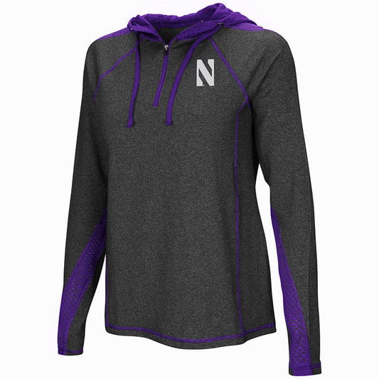Northwestern University Wildcats Colosseum Ladies Heather Charcoal/Purple Evelyn 1/4 Zip Hoodie with Stylized N Design