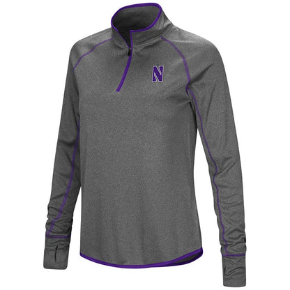 Northwestern University Wildcats Colosseum Ladies Heather Charcoal Shark 1/4 Zip Windshirt with Stylized N Design