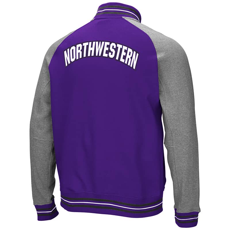 Northwestern University Wildcats Colosseum Mens Purple/Heather Grey Alpine Varsity Full Zip Jacket with Stylized N Design-Back