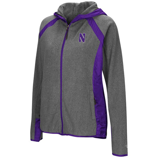 Northwestern University Wildcats Colosseum Ladies Heather Charcoal/Purple Tidwell Full Zip Hooded Jacket with Stylized N Design