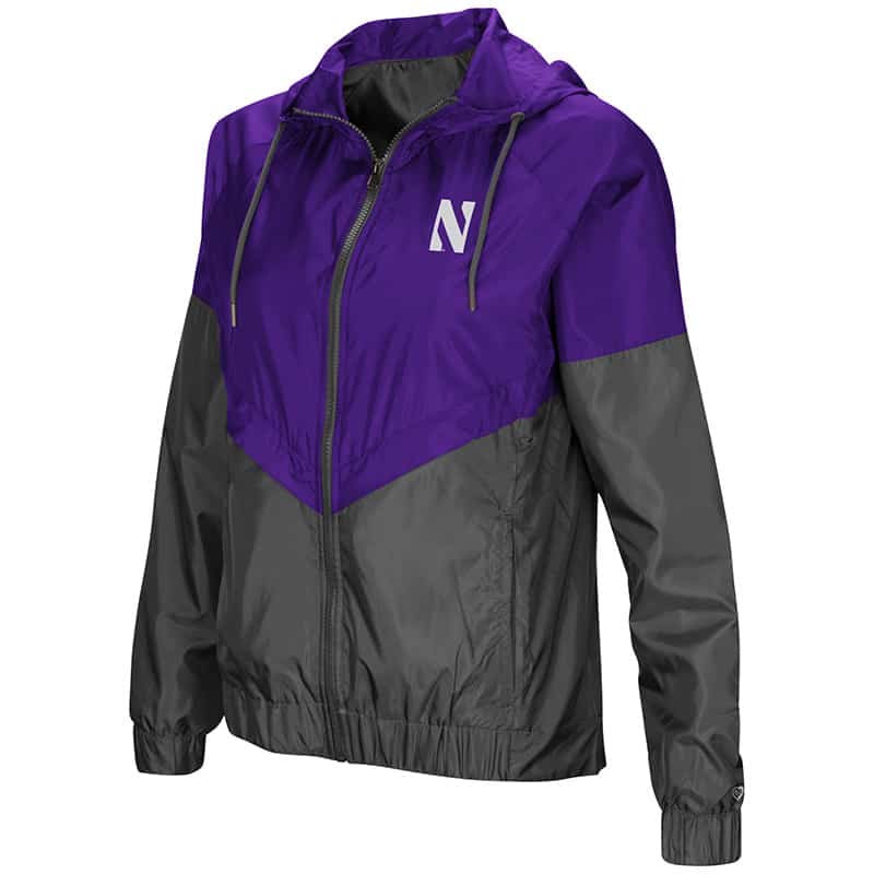 Northwestern University Wildcats Colosseum Ladies Purple/Charcoal First Class Windbreaker Hooded Jacket with Stylized N Design