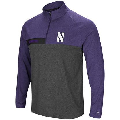 Northwestern University Wildcats Colosseum Men's Heather Charcoal/Heather Purple No Mercy 1/4 Zip Windshirt with Stylized N Design