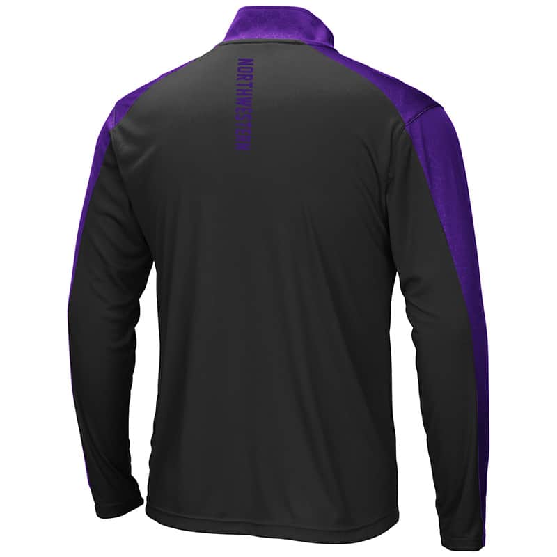 Northwestern University Wildcats Colosseum Men's Black/Purple Luge 1/4 Zip Windshirt with Stylized N Design-Back