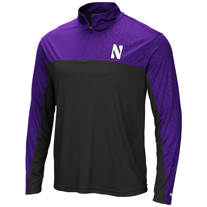 Northwestern University Wildcats Colosseum Men's Black/Purple Luge 1/4 Zip Windshirt with Stylized N Design