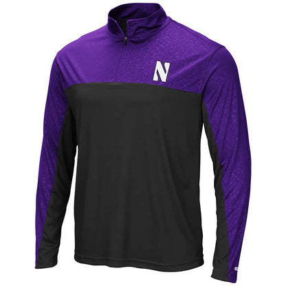 Northwestern University Wildcats Colosseum Men's Black/Purple Luge 1/4 Zip Windshirt with Stylized N Design