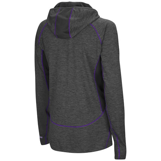 Northwestern University Wildcats Colosseum Ladies Heather Charcoal / Solid Charcoal Capo Ferro 1/4 Hooded Windshirt with N-Cat Design-Back