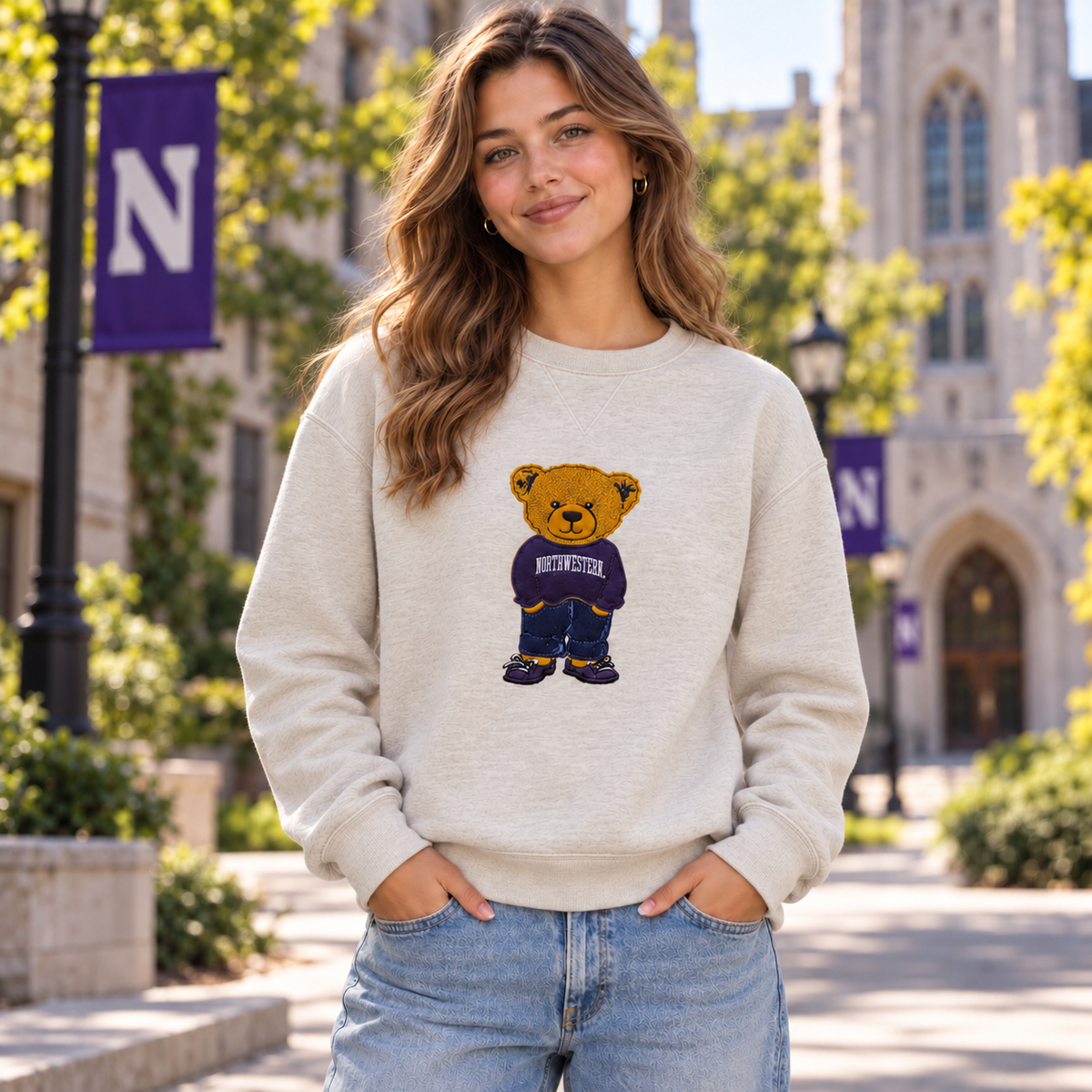 Northwestern University Wildcats Teddy Bear Crewneck Sweatshirt – Oatmeal
