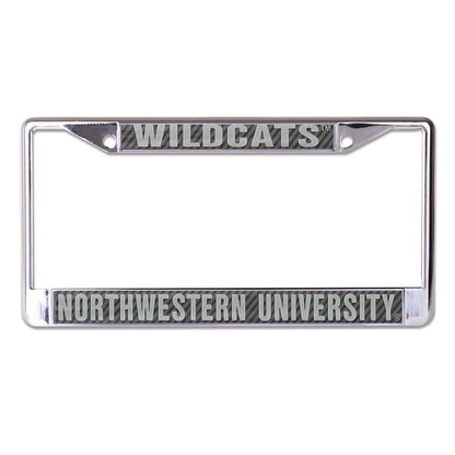 Northwestern University Wildcats Chrome License Plate Frame with Laser Cut Acrylic Carbon Insert with Wildcats & Northwestern University Mirror White Insert