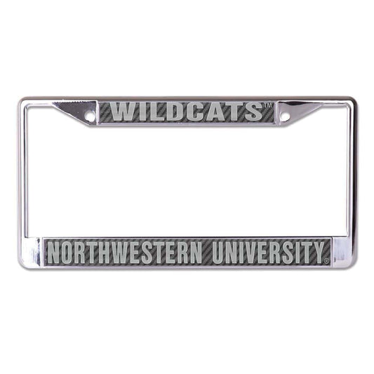 Northwestern University Wildcats Chrome License Plate Frame with Laser Cut Acrylic Carbon Insert with Wildcats & Northwestern University Mirror White Insert