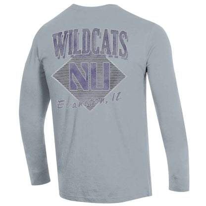 Northwestern University Wildcats Men's Champion Heather Grey Long Sleeve Tee Shirt with Three Location Faded Print -Back