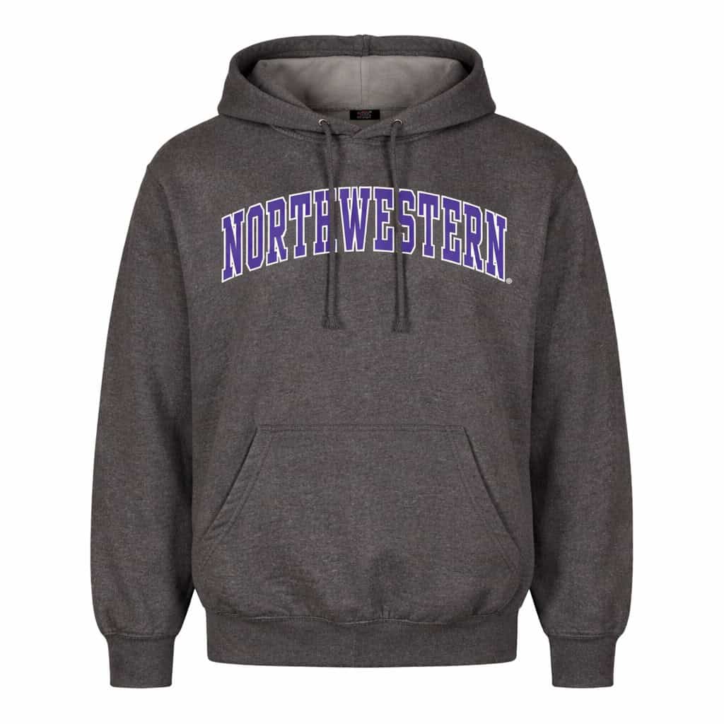 Northwestern University Wildcats Men's MV Fundamental Fleece Charcoal Heather Hooded Sweatshirt with Two Color Arch Design