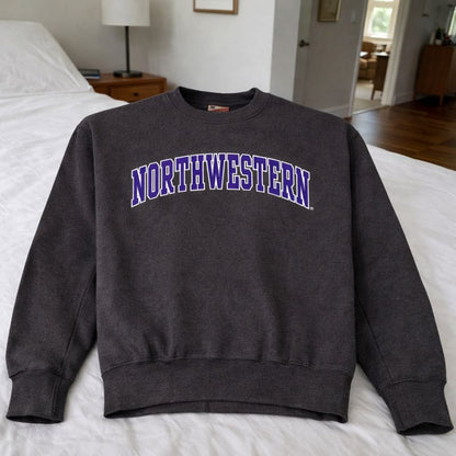 Northwestern University Wildcats Men's MV Pro-Weave Super-Heavy Charcoal Crewneck Sweatshirt with Two Color Arch Design