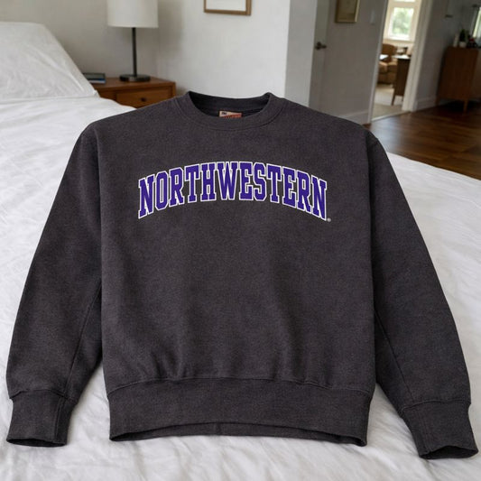Northwestern University Wildcats Men's MV Pro-Weave Super-Heavy Charcoal Crewneck Sweatshirt with Two Color Arch Design