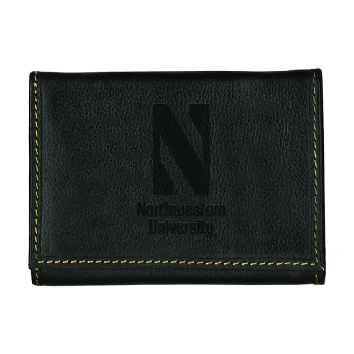 Northwestern University Wildcats Black Onyx Contrast Stitch Genuine Leather Trifold Wallet