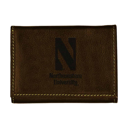Northwestern University Wildcats Coffee Brown Contrast Stitch Genuine Leather Trifold Wallet