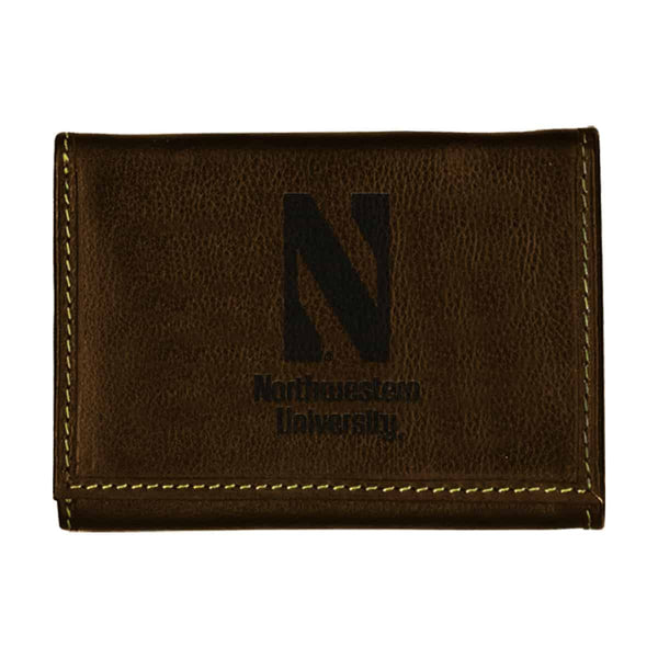 Northwestern University Wildcats Coffee Brown Contrast Stitch Genuine Leather Trifold Wallet