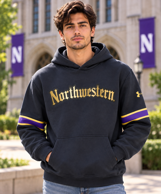 Northwestern University Wildcats Under Armour Black Pullover Hoodie with Metallic Gold Gothic Logo & Purple Sleeve Stripes