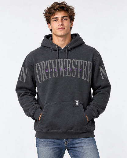 Northwestern University Wildcats Under Armour Heather Black Pullover Hoodie with Distressed Sleeve-to-Chest Northwestern Design