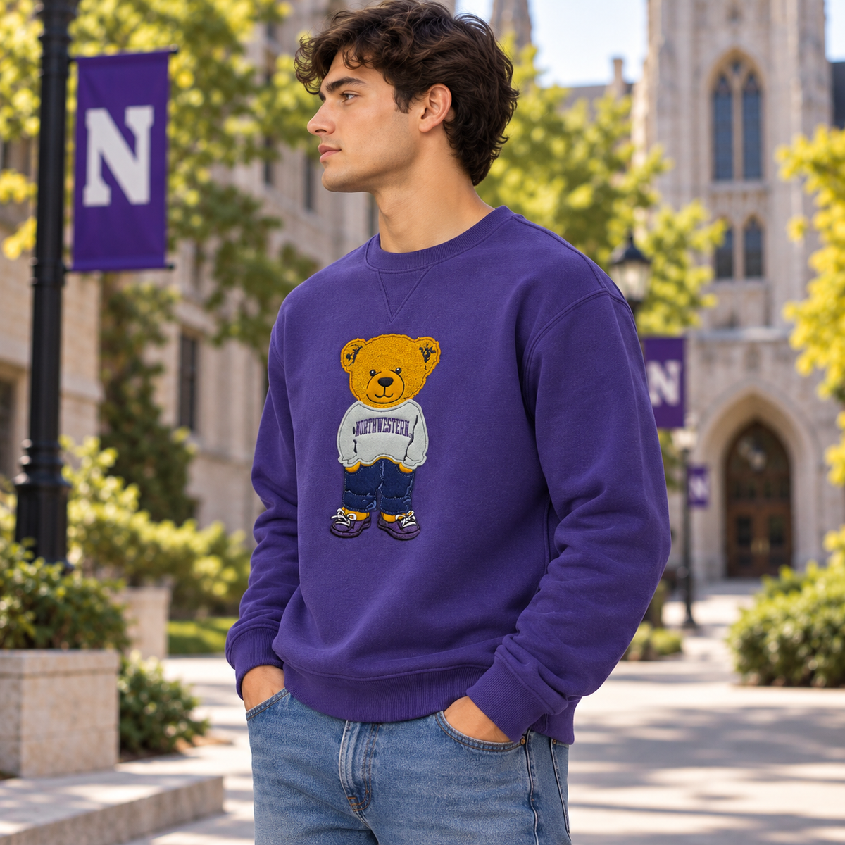 Northwestern University Wildcats Teddy Bear Crewneck Sweatshirt – Purple