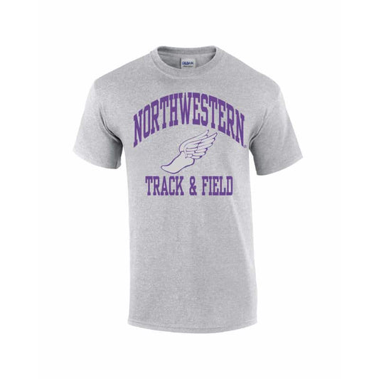 NW0541 Northwestern University Wildcats Grey Short Sleeve Tee Shirt with Track & Field Design
