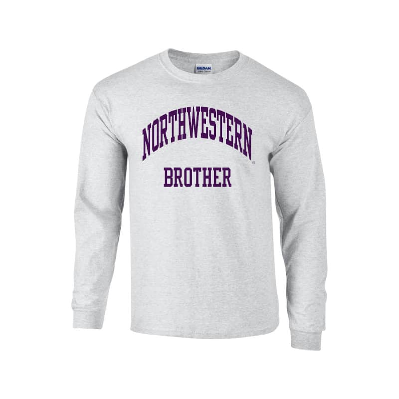 Northwestern University Wildcats Light Grey Long Sleeve Tee Shirt with Brother Design