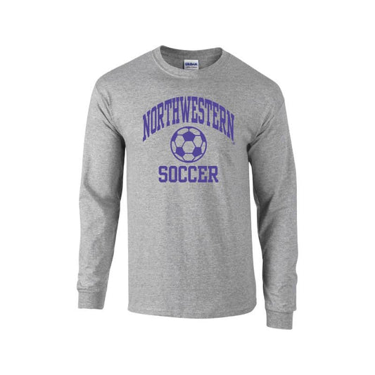 Northwestern University Wildcats Grey Long Sleeve Tee Shirt with Soccer Design