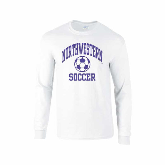 Northwestern University Wildcats White Long Sleeve Tee Shirt with Soccer Design