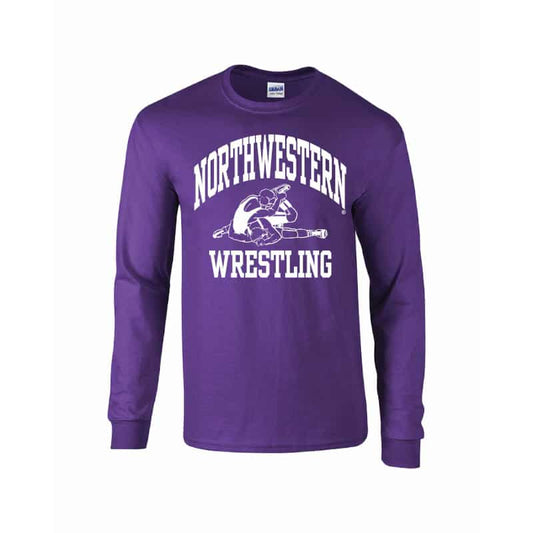 Northwestern University Wildcats Purple Long Sleeve Tee Shirt with Wrestling Design