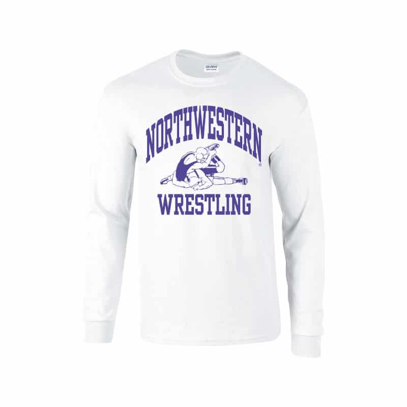 Northwestern University Wildcats White Long Sleeve Tee Shirt with Wrestling Design
