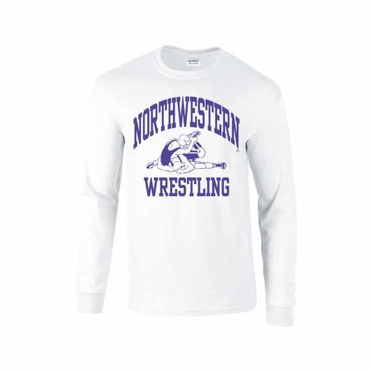 Northwestern University Wildcats White Long Sleeve Tee Shirt with Wrestling Design