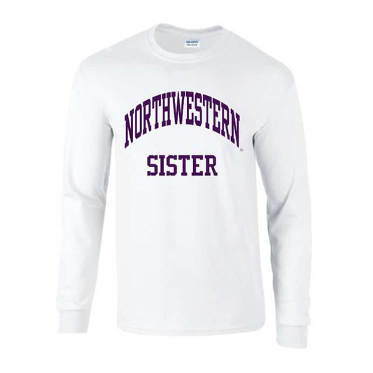 Northwestern University Wildcats White Long Sleeve Tee Shirt with Sister Design
