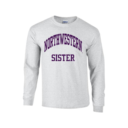 Northwestern University Wildcats Light Grey Long Sleeve Tee Shirt with Sister Design