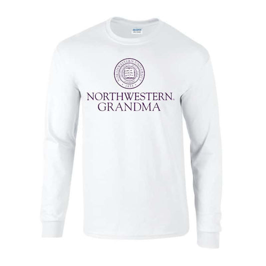 Northwestern University Wildcats White Long Sleeve Tee Shirt with Grandma Design