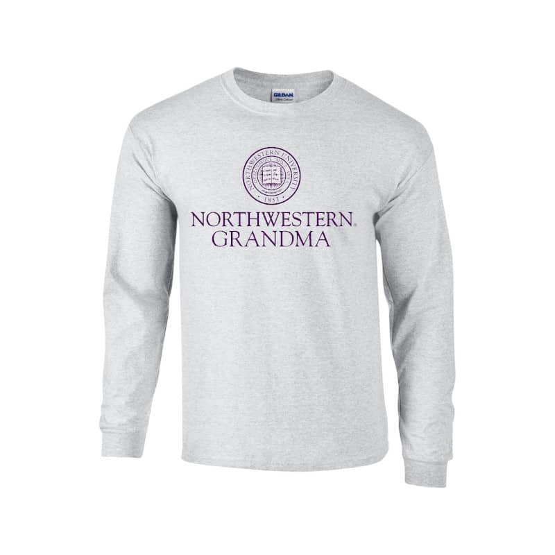 Northwestern University Wildcats Light Grey Long Sleeve Tee Shirt with Grandma Design