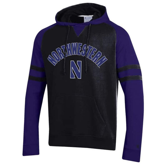 Northwestern University Wildcats Champion Men's Black Pullover Hockey Hooded Sweatshirt with Arch & Stylized N Design