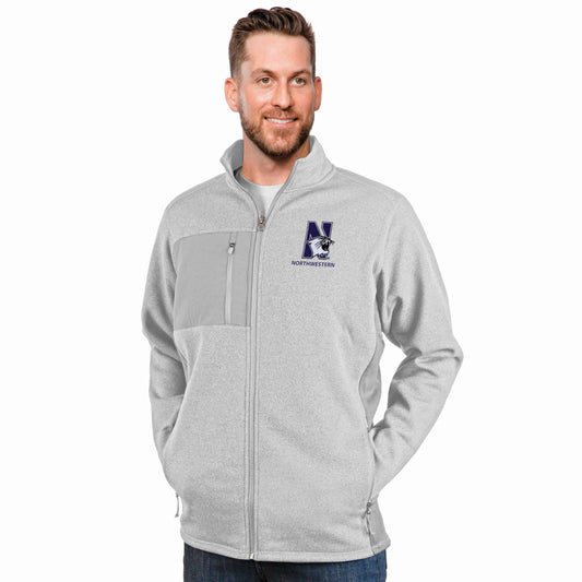 Northwestern Wildcats Men's Antigua Light Grey Heather Multi Course Full-Zip Jacket with N-Cat Design