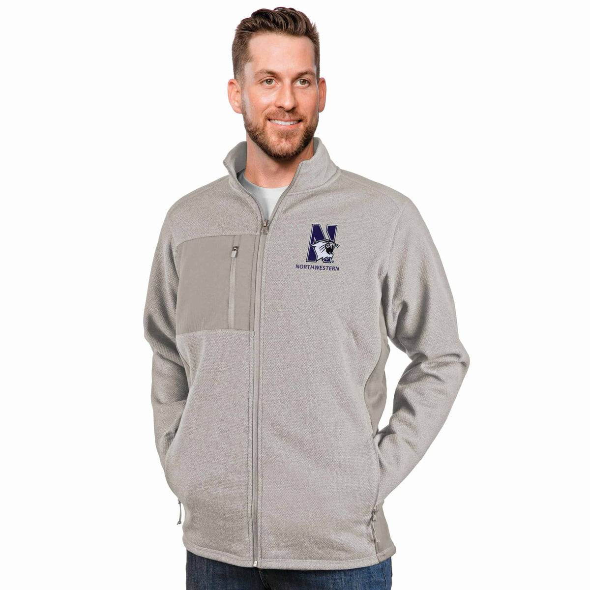 Northwestern Wildcats Men's Antigua Oatmeal Heather Multi Course Full-Zip Jacket with N-Cat Design